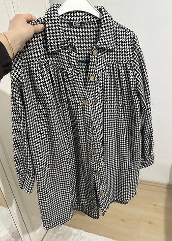 Kadın Gri Kareli Düğmeli Midi Tunik - Görsel 2