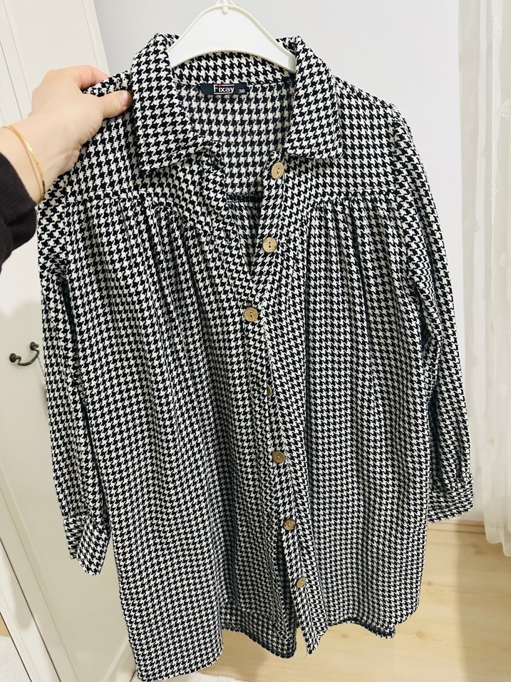 Kadın Gri Kareli Düğmeli Midi Tunik - Görsel 3