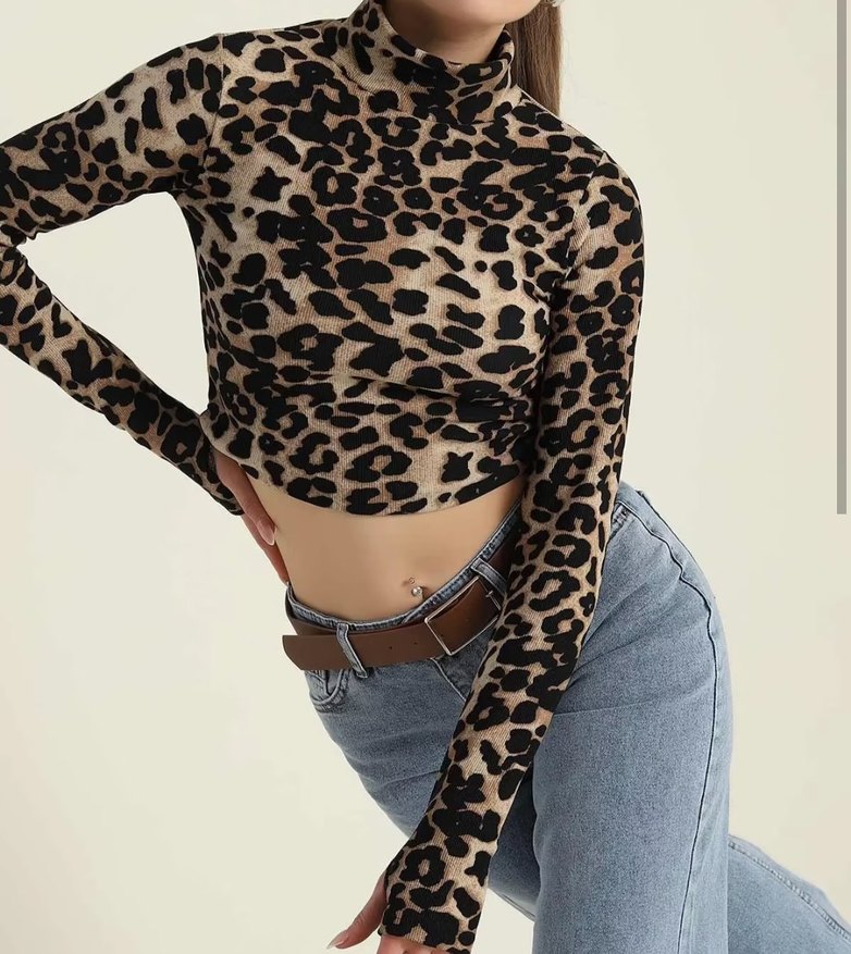 Kahverengi Leopar Desenli Balıkçı Yaka Bluz - Görsel 4