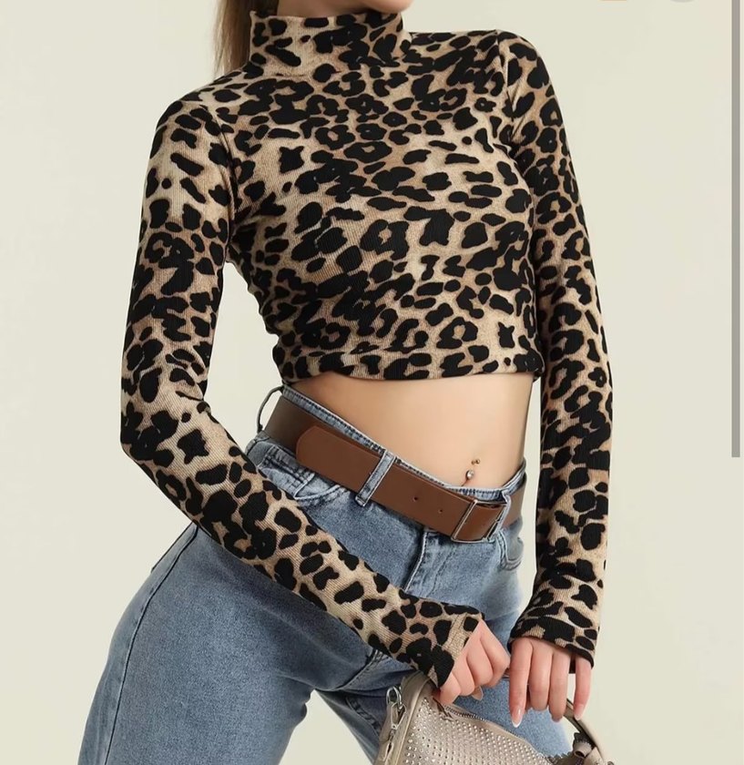 Kahverengi Leopar Desenli Balıkçı Yaka Bluz - Görsel 5