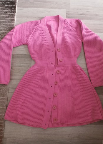 Pembe Düğmeli V Yaka Triko Elbise - Görsel 2