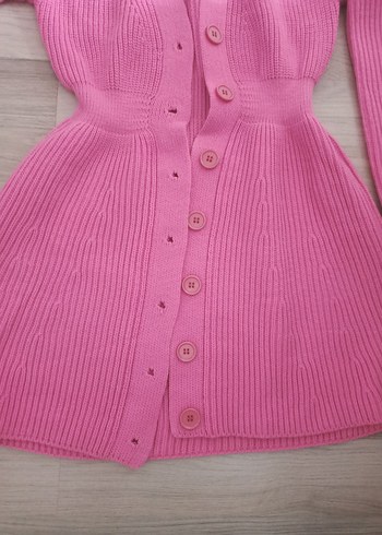 Pembe Düğmeli V Yaka Triko Elbise - Görsel 5