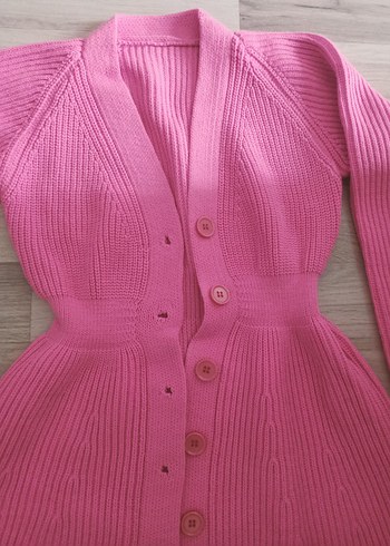 Pembe Düğmeli V Yaka Triko Elbise - Görsel 4