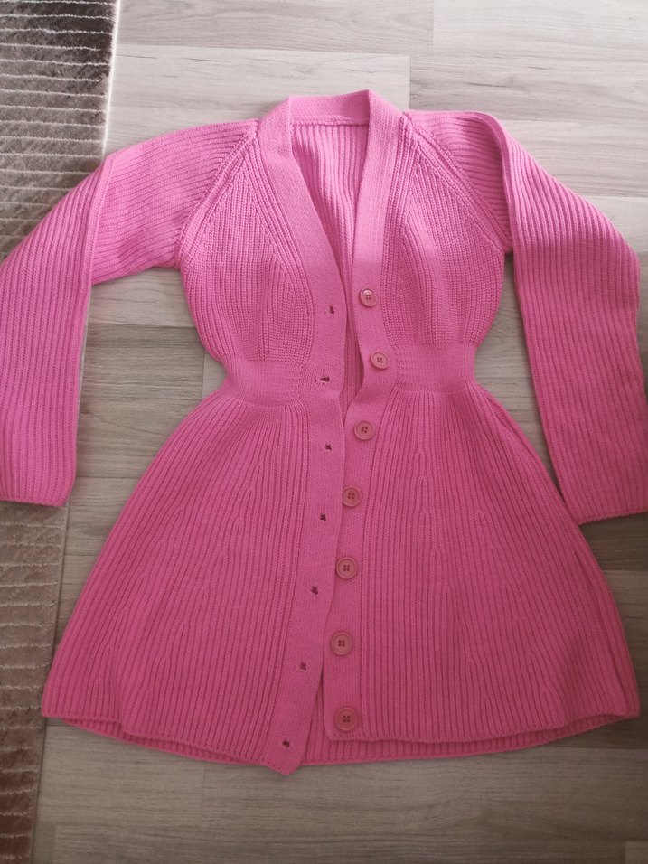 Pembe Düğmeli V Yaka Triko Elbise - Görsel 2