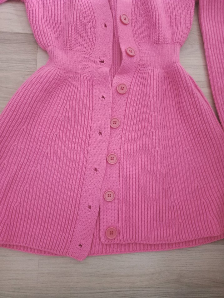 Pembe Düğmeli V Yaka Triko Elbise - Görsel 5