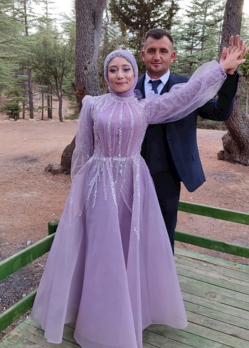 38 Beden mor Renk İnci İşlemeli Uzun Kol Lila Abiye Elbise