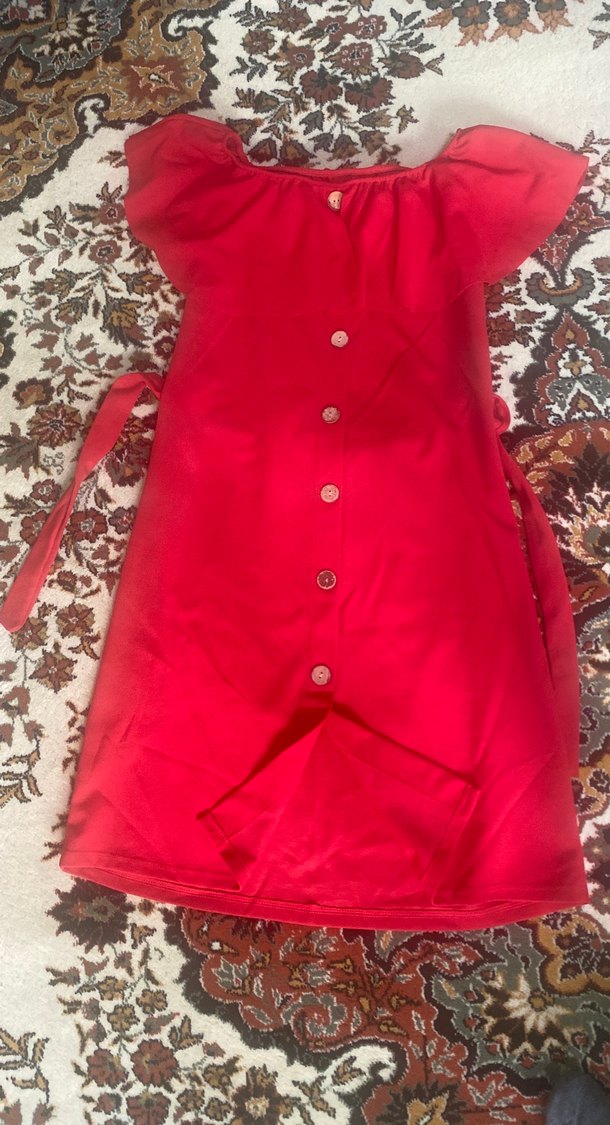 Kırmızı Straplez Uzun Düğmeli Bohem Elbise - Görsel 3