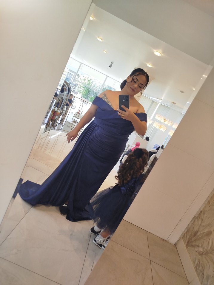 Parlak Lacivert Drapeli Straplez Uzun Abiye - Görsel 3