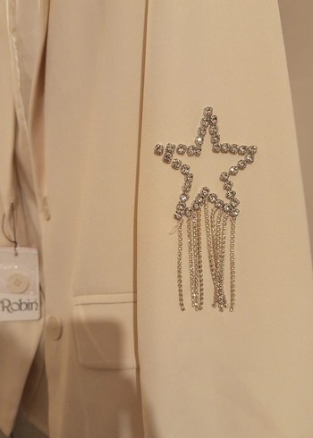 Diğer Beyaz Düğmeli Uzun Kadın Blazer Ceket