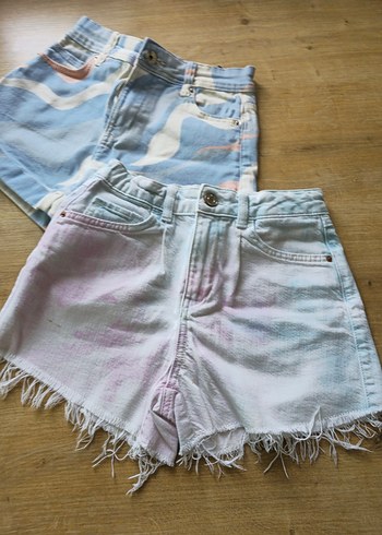 8 Yaş Beden Bohem Tarzı Pastel Renkli Batik Desenli Denim Şort