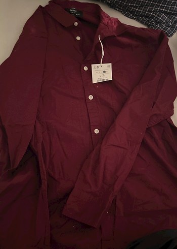 Bershka Bordo Dugmeli Uzun Kollu Keten Gomlek