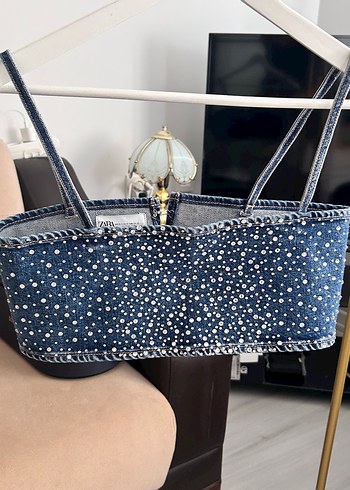 Payet İşlemeli Mavi Denim Büstiyer