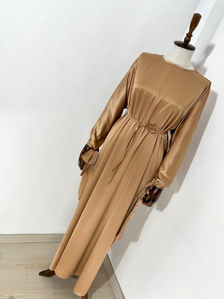 Bej Uzun Kollu Kadın Uzun Elbise - Görsel 3