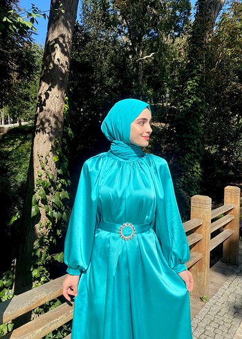 Diğer Uzun Turkuaz Saten Kadın Elbise