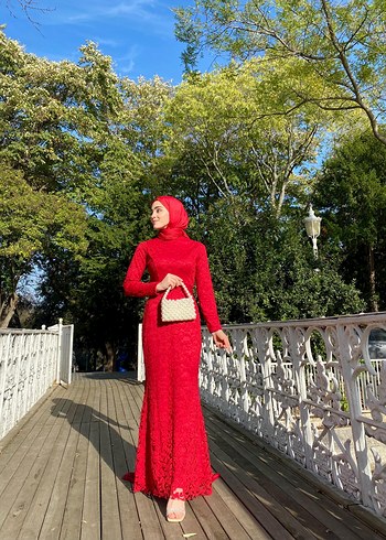 Uzun Kollu Kırmızı  Abiye Elbise - Görsel 4