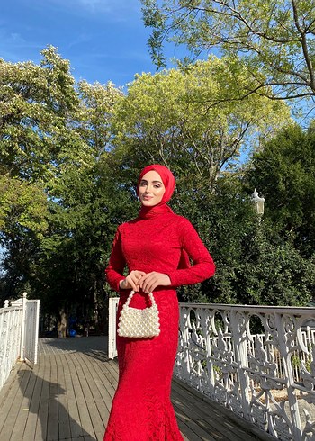 Uzun Kollu Kırmızı  Abiye Elbise - Görsel 5