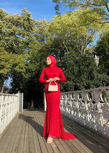 Uzun Kollu Kırmızı  Abiye Elbise - Görsel 2