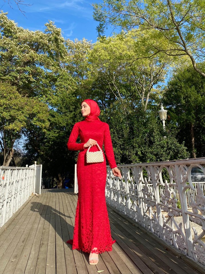 Uzun Kollu Kırmızı  Abiye Elbise - Görsel 4