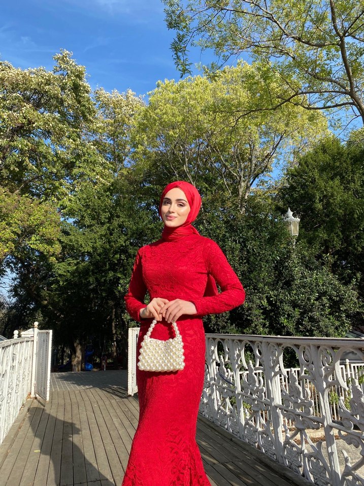 Uzun Kollu Kırmızı  Abiye Elbise - Görsel 5