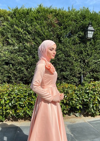 Uzun Kollu Pudra Pembe Tesettür Abiye