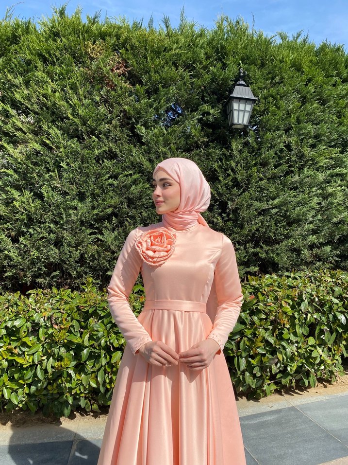 Uzun Kollu Pudra Pembe Tesettür Abiye - Görsel 3