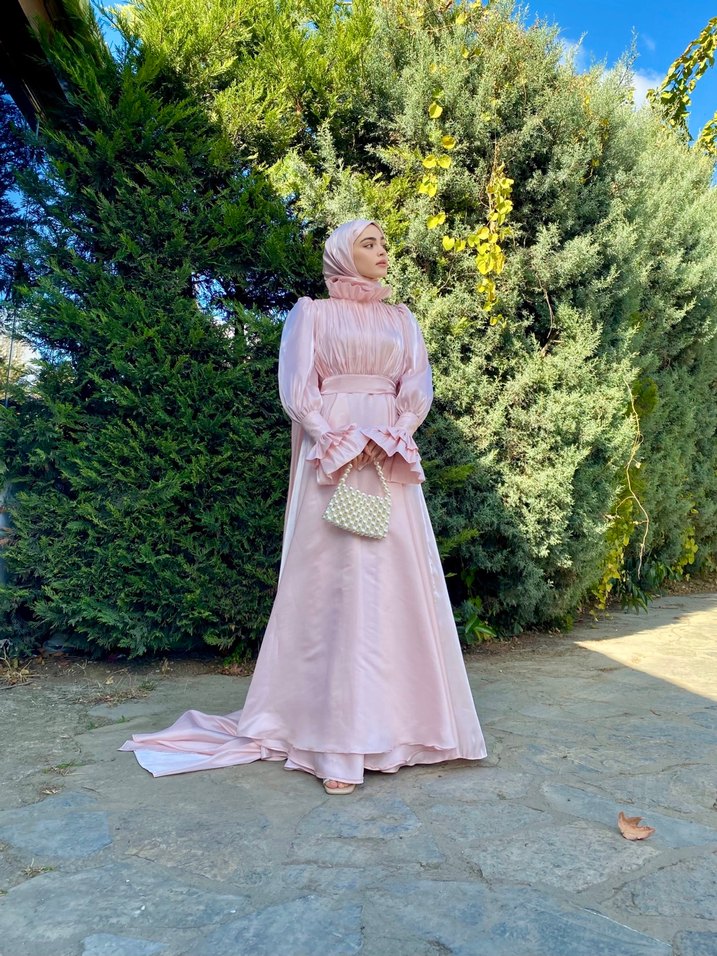 Pudra Renk Drapeli Uzun Abiye Elbise - Görsel 2