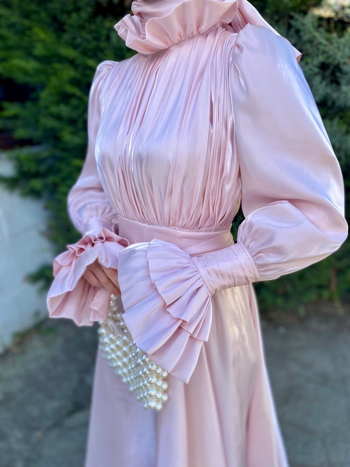 Pudra Renk Drapeli Uzun Abiye Elbise - Görsel 4