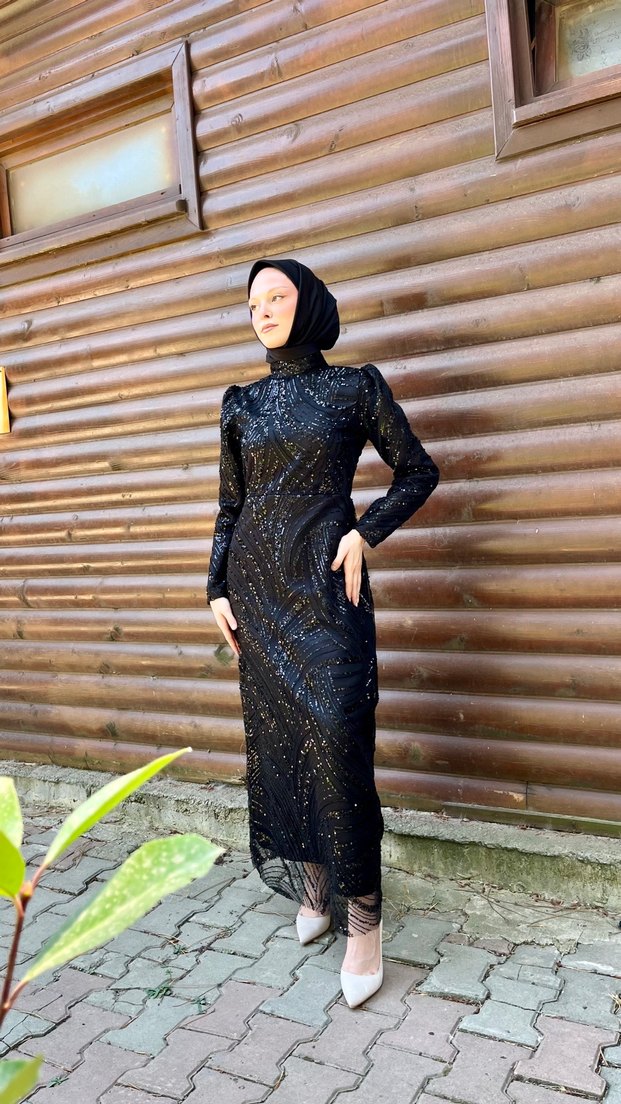 Boncuklu Siyah Yılan Desenli Uzun Abiye Elbise - Görsel 2