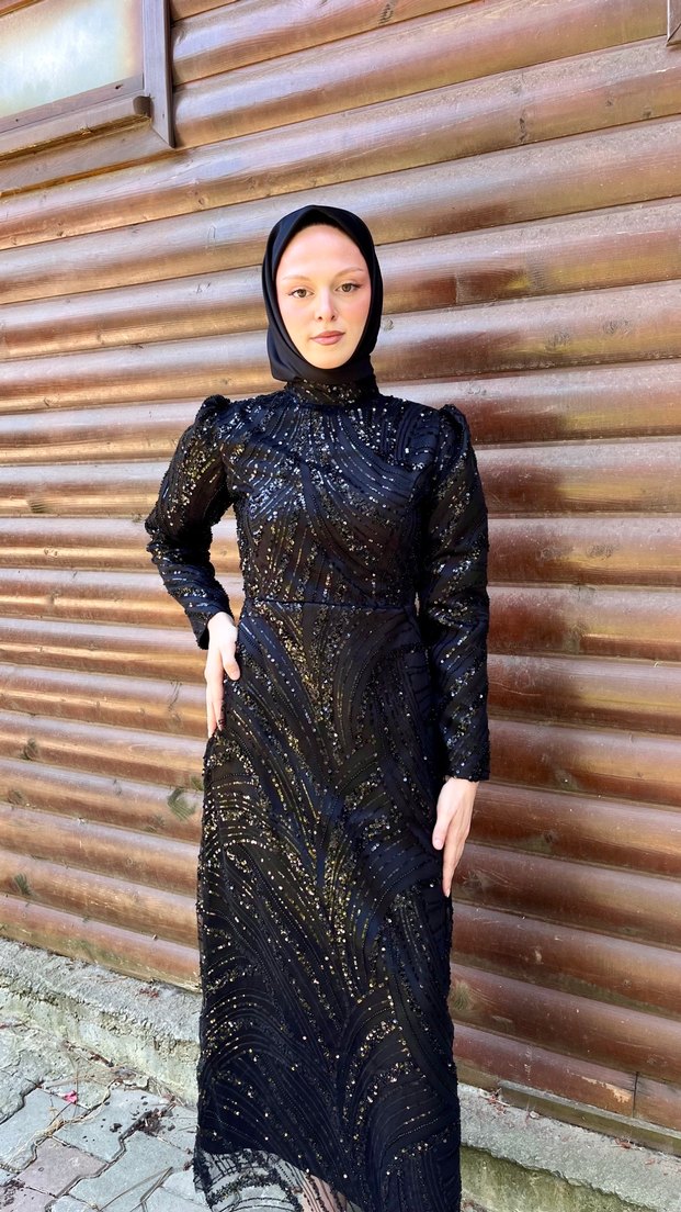 Boncuklu Siyah Yılan Desenli Uzun Abiye Elbise - Görsel 3