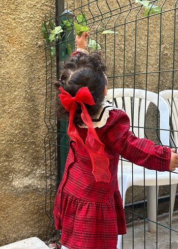 Kız Çocuk Kırmızı Ekose Puf Kollu Elbise - Görsel 5