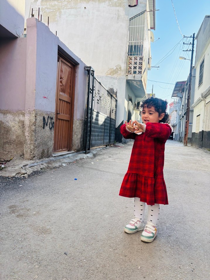 Kız Çocuk Kırmızı Ekose Puf Kollu Elbise - Görsel 2