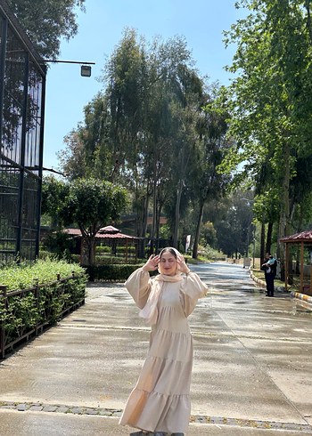 Bej Etnik Desenli Uzun Pamuklu Elbise - Görsel 2