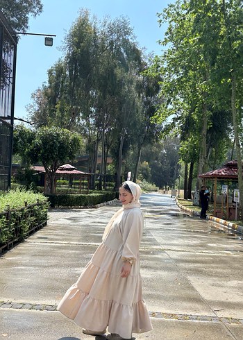 Bej Etnik Desenli Uzun Pamuklu Elbise - Görsel 4