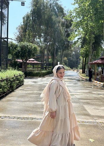 Bej Etnik Desenli Uzun Pamuklu Elbise - Görsel 3