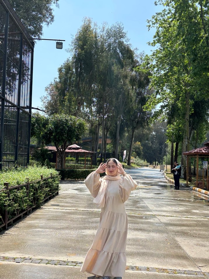 Bej Etnik Desenli Uzun Pamuklu Elbise - Görsel 2