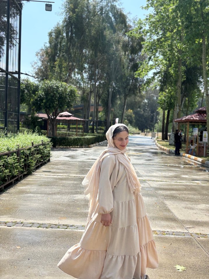 Bej Etnik Desenli Uzun Pamuklu Elbise - Görsel 3