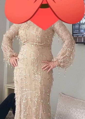 Bej İşlemeli pul payet Uzun Abiye Elbise - Görsel 2