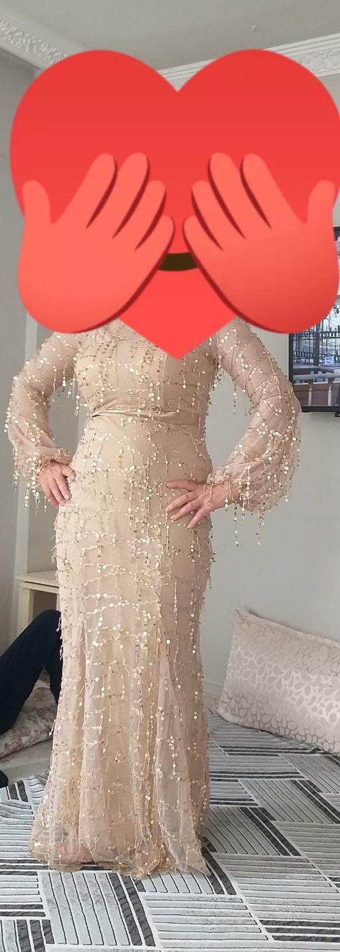 Bej İşlemeli pul payet Uzun Abiye Elbise - Görsel 2