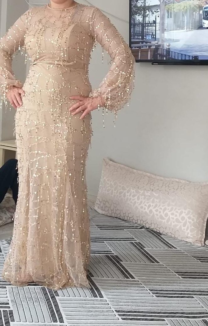 Bej İşlemeli pul payet Uzun Abiye Elbise - Görsel 3