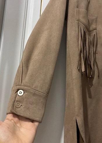 Düğmeli Kadın Kahverengi Süet Uzun Ceket - Görsel 3