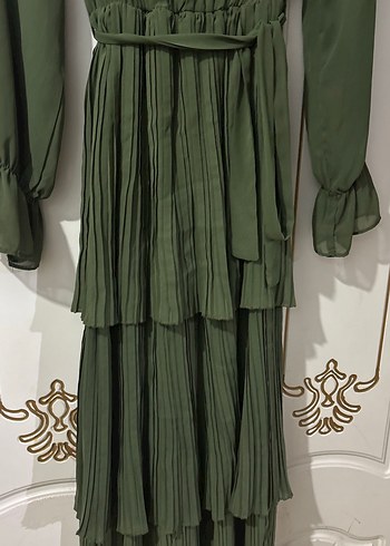 Haki Renkli Uzun Pilili Kadın Elbise - Görsel 2