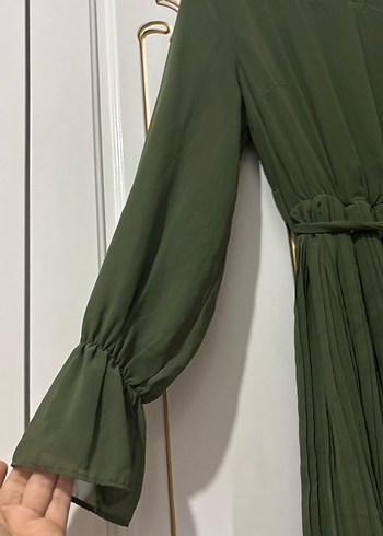 Haki Renkli Uzun Pilili Kadın Elbise - Görsel 3