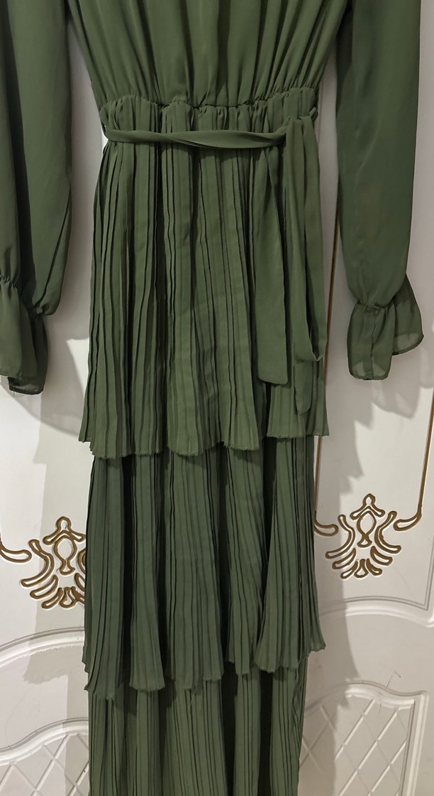 Haki Renkli Uzun Pilili Kadın Elbise - Görsel 2