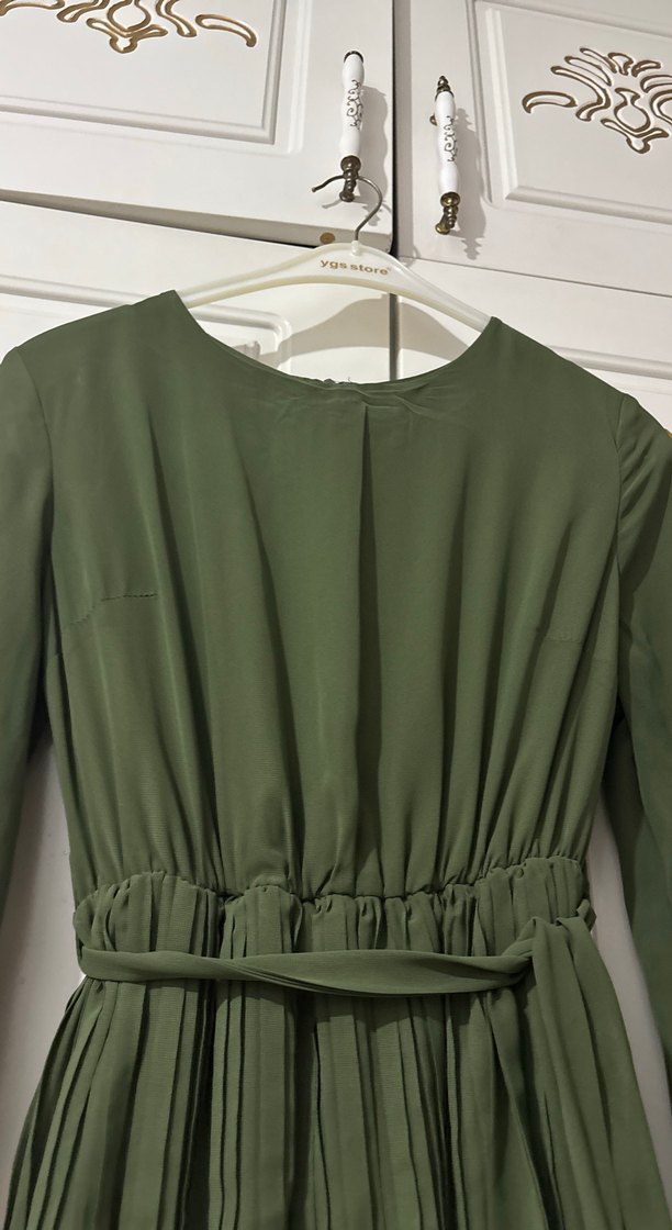 Haki Renkli Uzun Pilili Kadın Elbise - Görsel 4