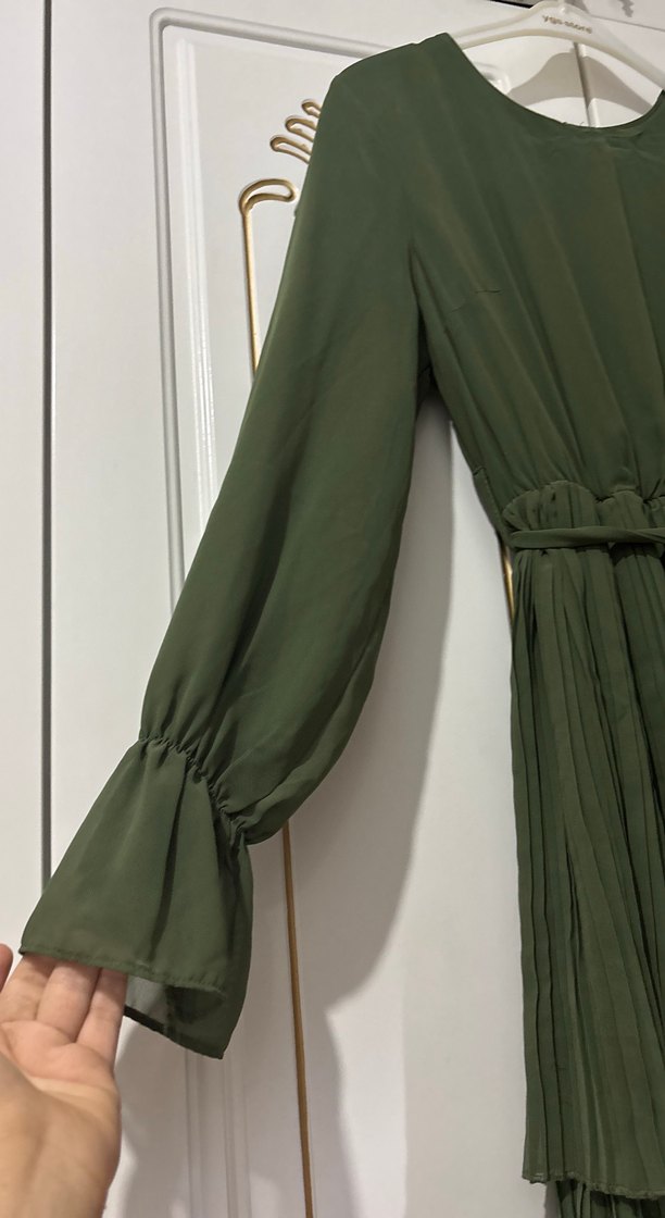 Haki Renkli Uzun Pilili Kadın Elbise - Görsel 3