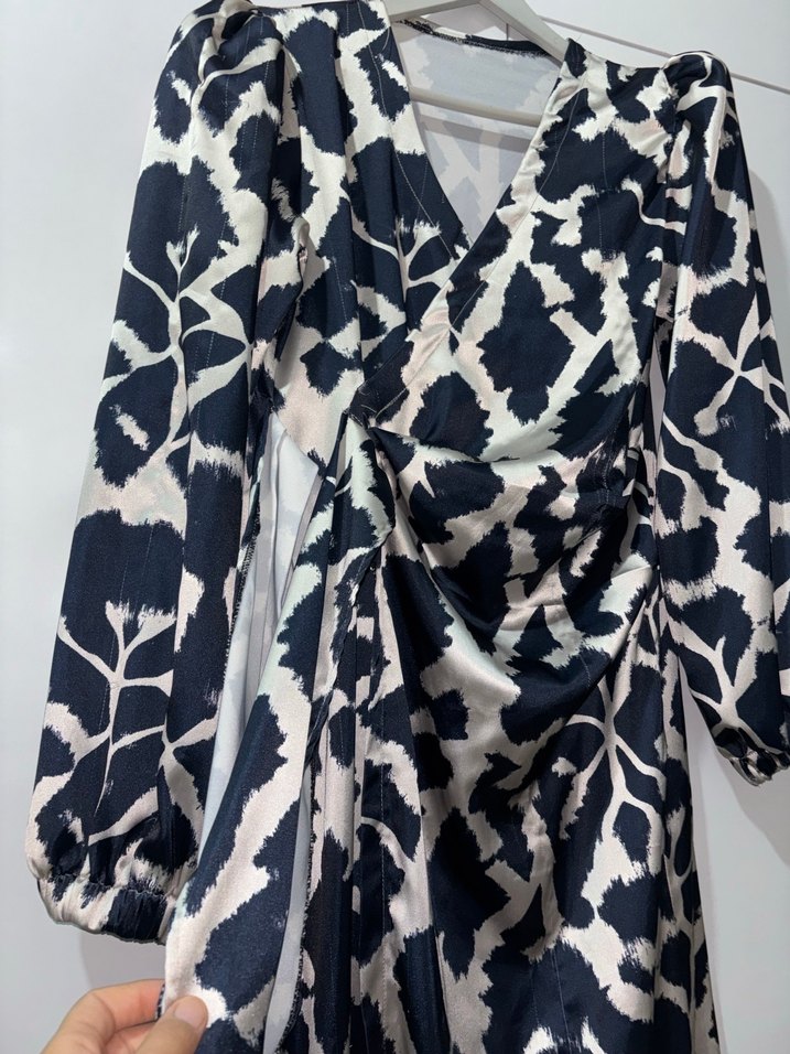 Kadın lacivert leopar desen Bağlamalı Uzun Elbise - Görsel 2