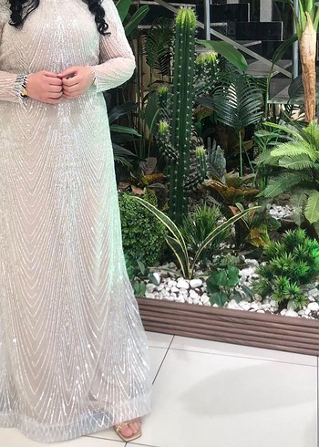 Bej Payetli Uzun Kollu Abiye Elbise - Görsel 2