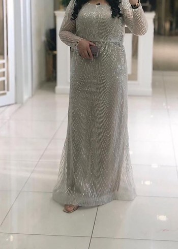 Bej Payetli Uzun Kollu Abiye Elbise - Görsel 3