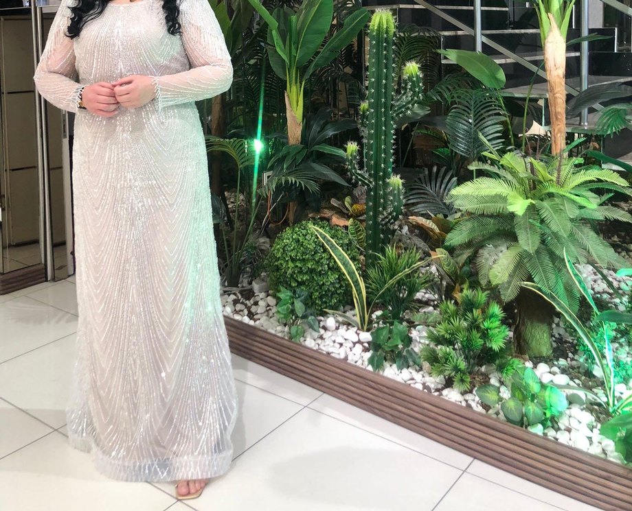 Bej Payetli Uzun Kollu Abiye Elbise - Görsel 4