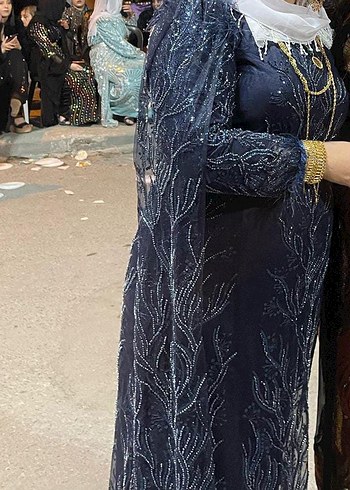 Boncuk İşlemeli Uzun Mavi Kadın Abiye Elbise - Görsel 3